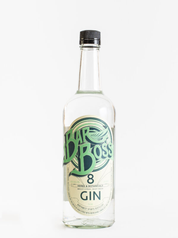 A bottle of Bar Boss Gin sits on a clean white backdrop