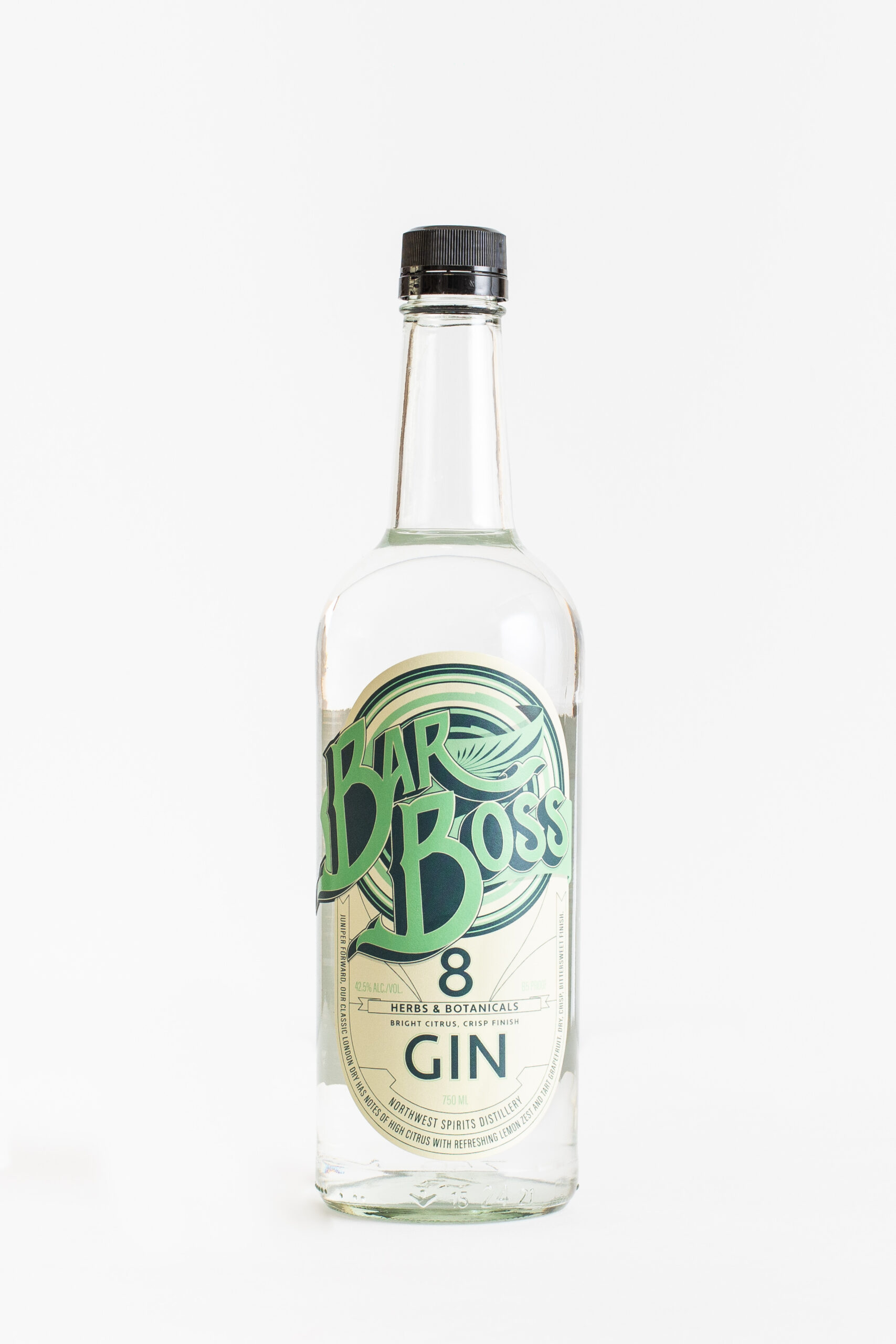 A bottle of Bar Boss Gin sits on a clean white backdrop