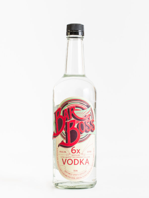 A bottle of Bar Boss Vodka sits on a clean white backdrop