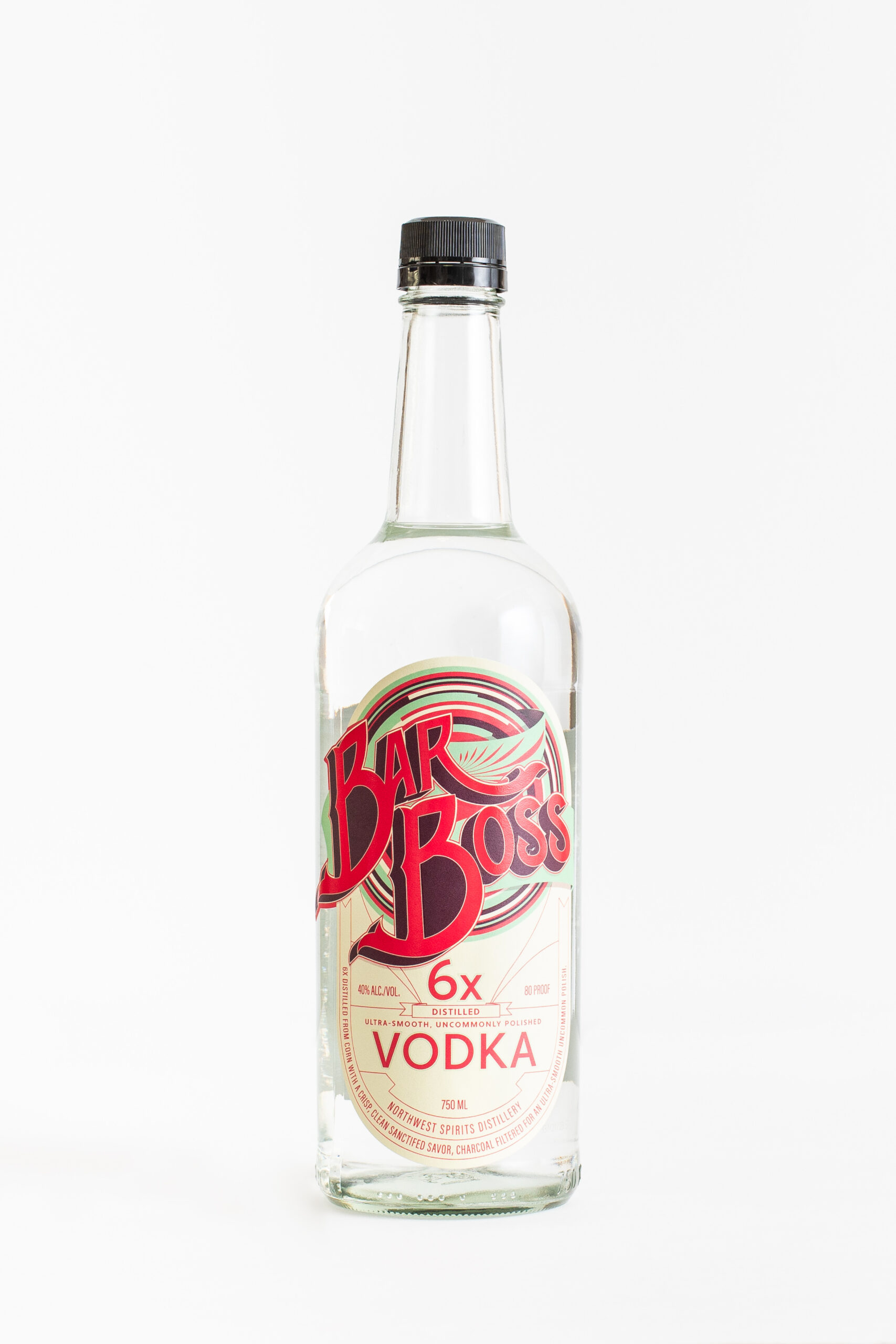 A bottle of Bar Boss Vodka sits on a clean white backdrop