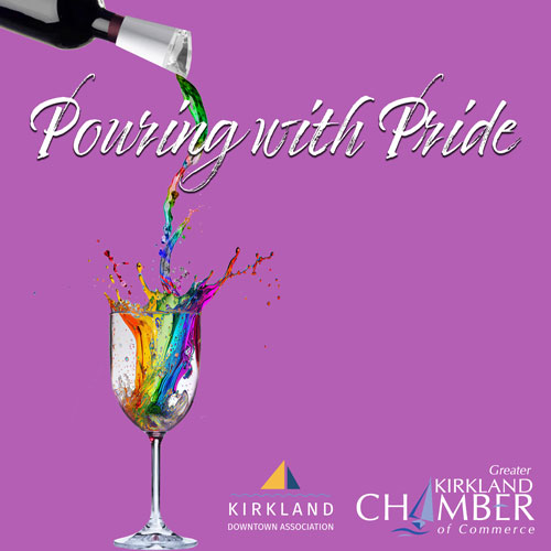 Bright purple background with a wine bottle pouring rainbow liquid into a wine glass below. The rainbow is splashing out of the glass in a fun and vibrant way. The text reads "Pouring with pride"