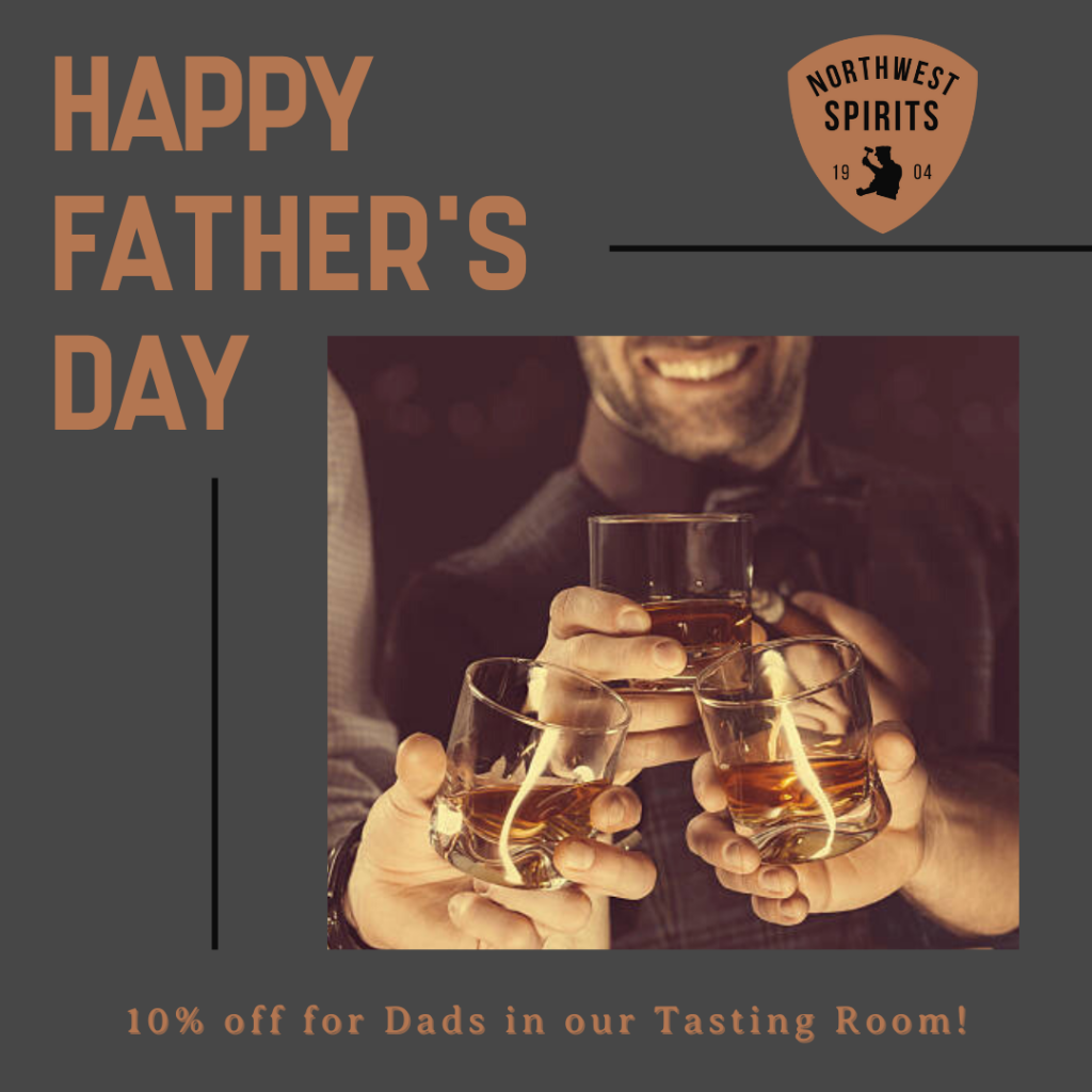 3 men cheers a glass of whiskey. Text reads "Happy Father's Day. 10% off for dads in our Tasting Room"