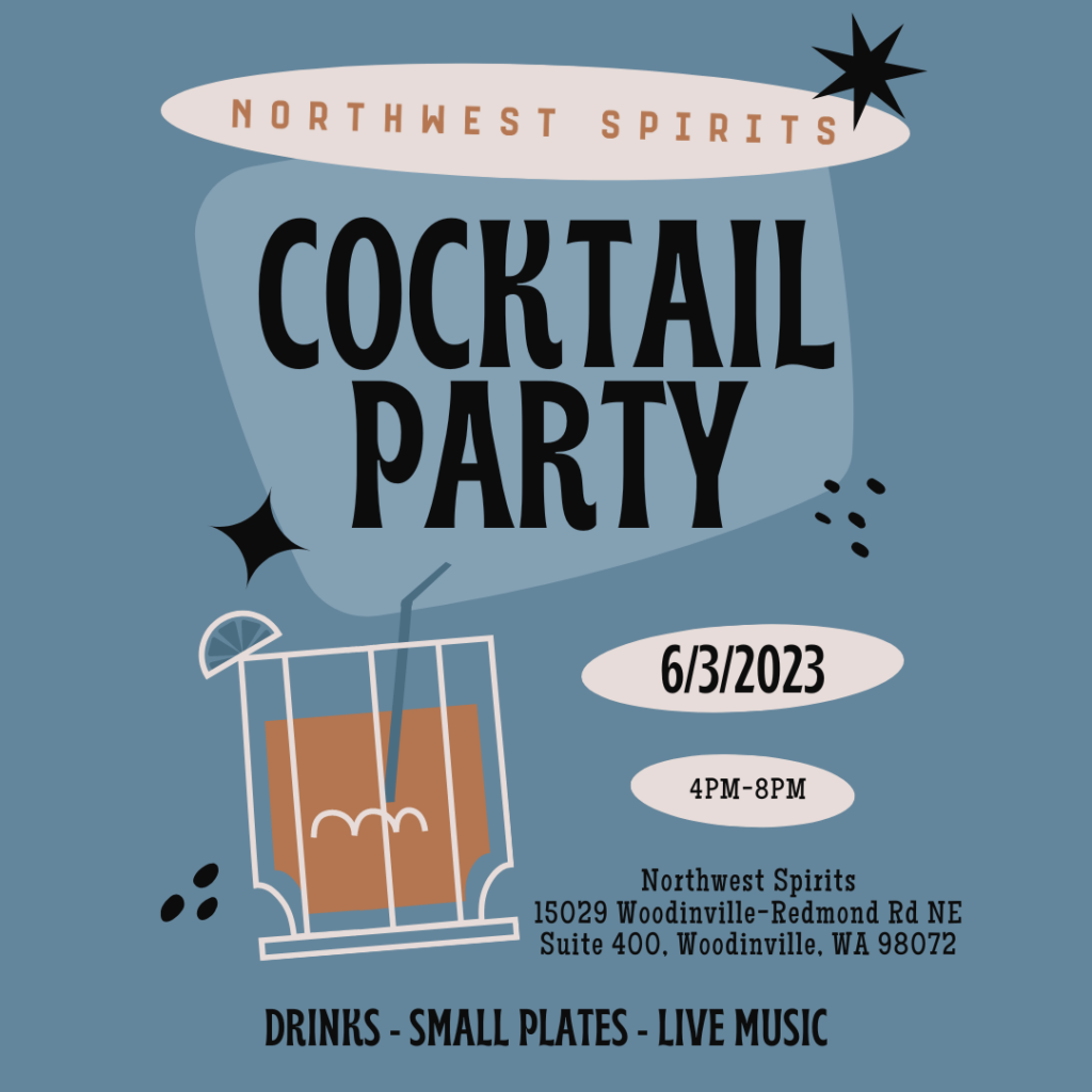 blue image that reads "Northwest Spirits Cocktail Party" with details