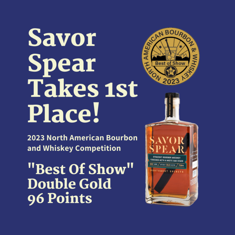 A bottle of Savor Spear Straight Bourbon Whiskey with a gold medal that reads "Savor Spear Takes 1st Place! 2023 North American Bourbon and Whiskey Competition. Best of Show. 96 Points Double Gold.