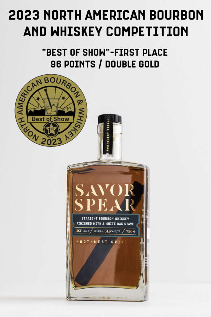 A bottle of Savor Spear Straight Bourbon Whiskey with a gold medal that reads "Best of Show" 1st Place 96 Points Double Gold. 2023 North American Bourbon and Whiskey Competition.