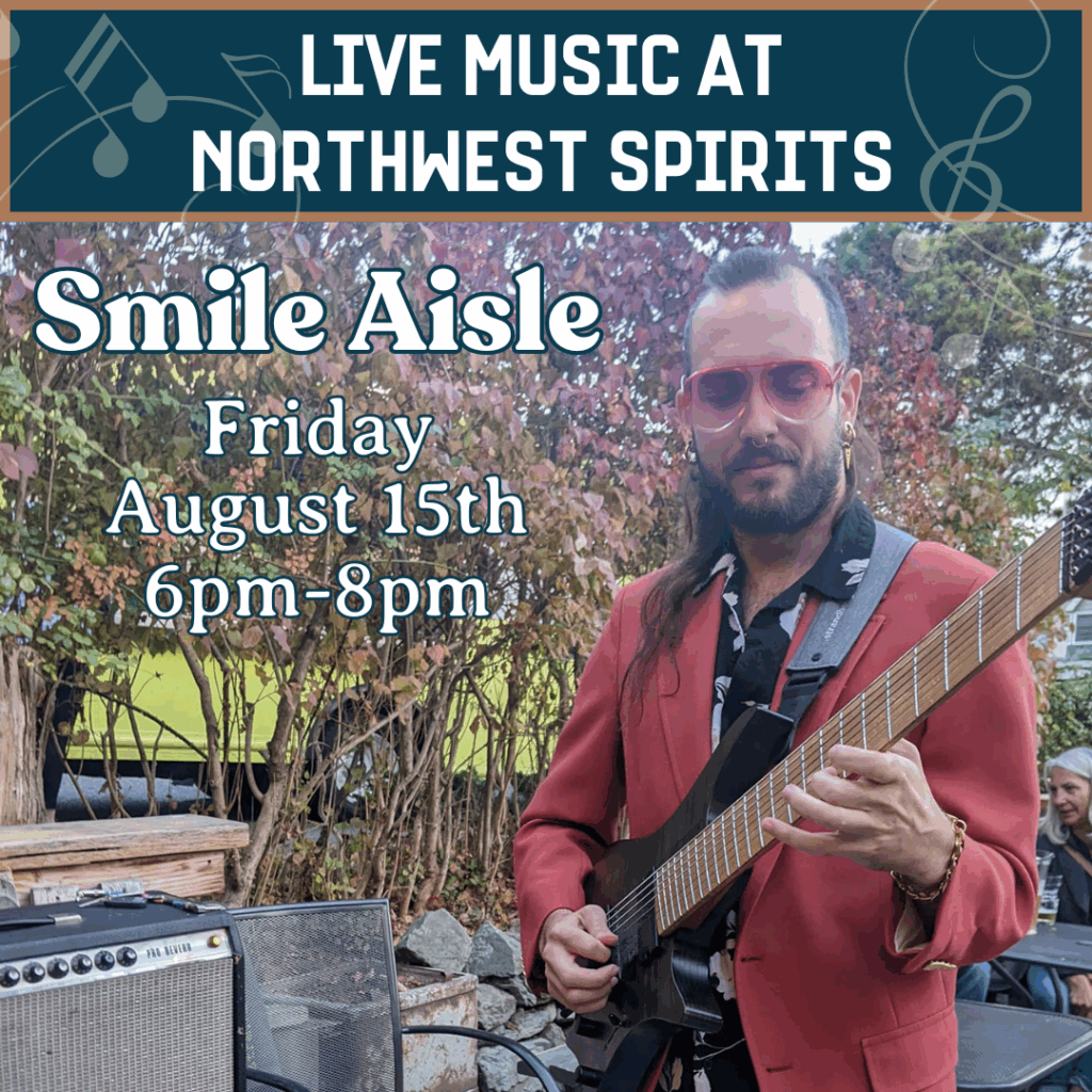 Guitarist Ben Meyer of Smile Aisle playing electric guitar outdoors, promoting their live jazz performance at Northwest Spirits on Friday, August 15th from 6pm to 8pm.