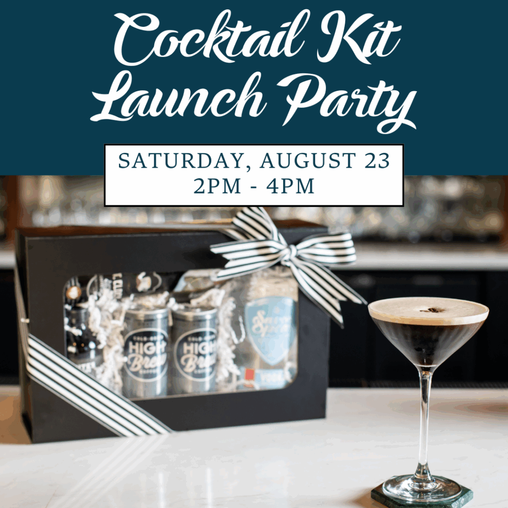 Gift-wrapped Take-Home Cocktail Kit box with espresso martini on the bar in front, promoting the Northwest Spirits Cocktail Kit Launch Party on Saturday, August 23rd from 2–4 PM.