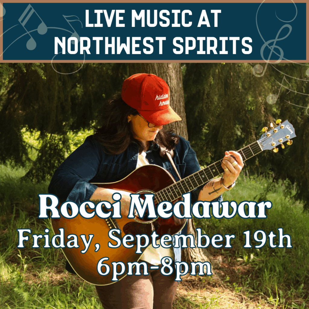 Promotional poster for live music at Northwest Spirits featuring Snohomish musician Rocci Medawar. Event date: Friday, September 19th, 6–8 pm, with an artist playing guitar outdoors in a wooded setting.
